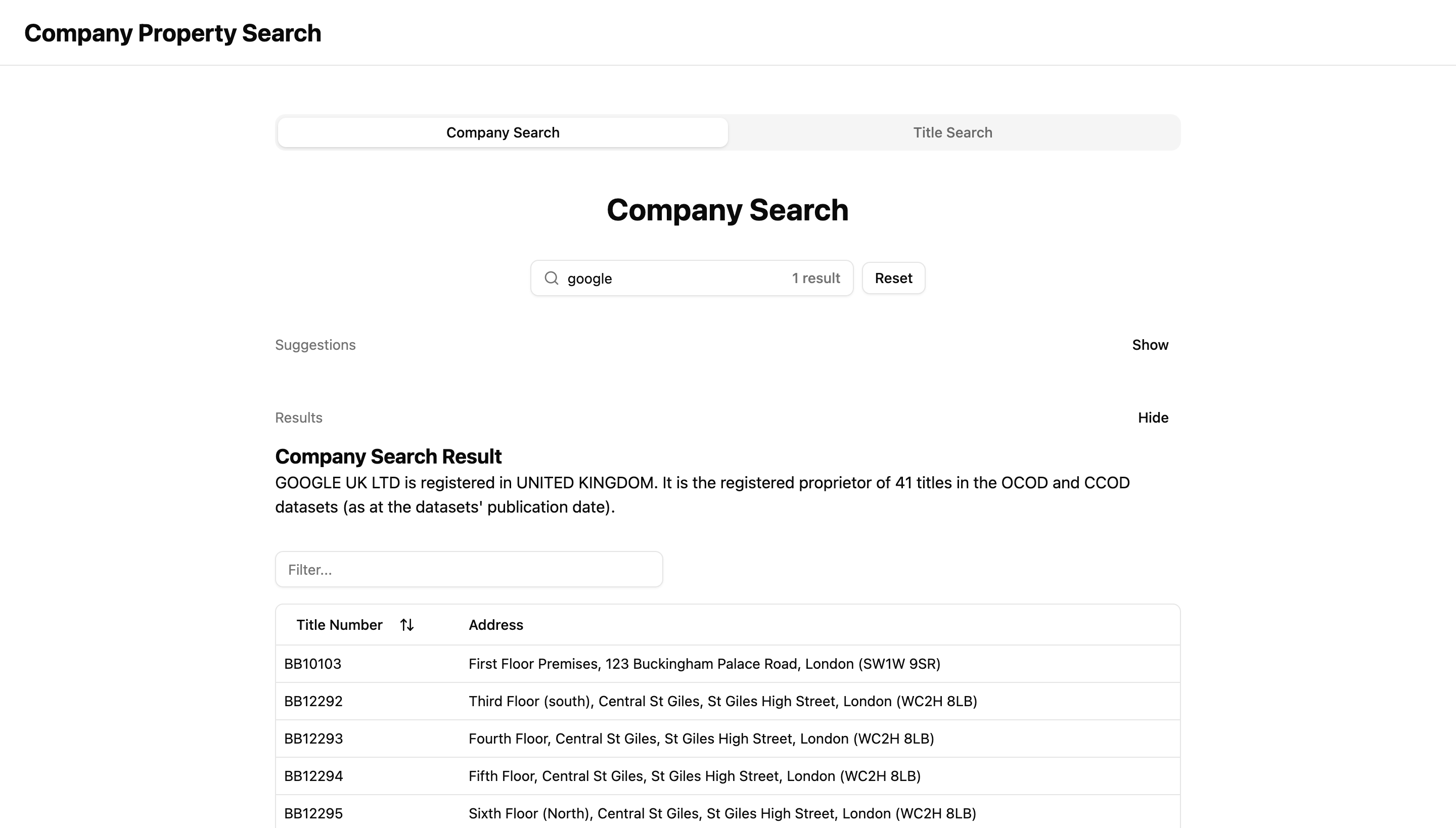 Google company search result